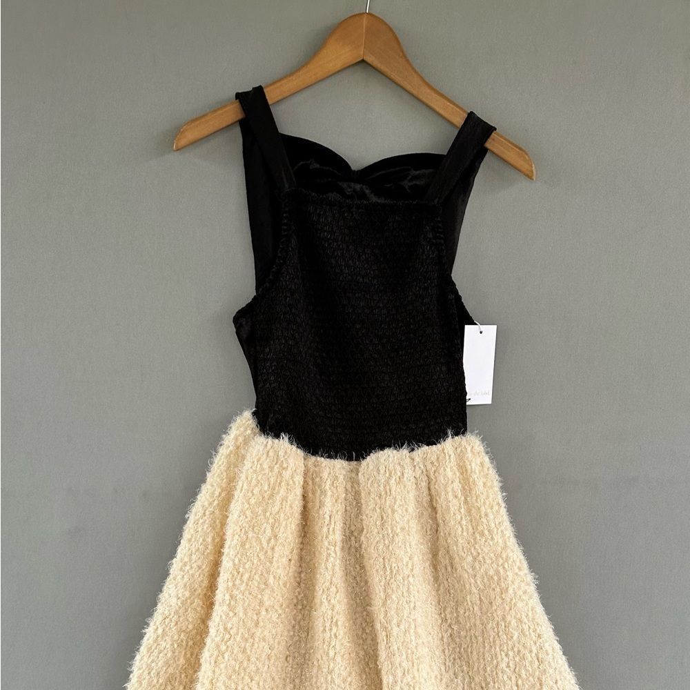 Black and Cream Mini Dress with Textured Skirt - Picture 2 of 13